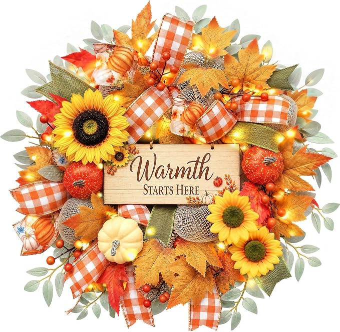 Fall Wreaths for Front Door, Pre-Lit Sunflower Pumpkin Wreath | Removable ''Warmth Starts Here'' ... | Amazon (US)