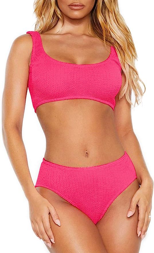 Womens Swimsuits Two Piece Sports Bathing Suits Crop Tops Ribbed Bikini Sets Swimwear Bottoms | Amazon (US)