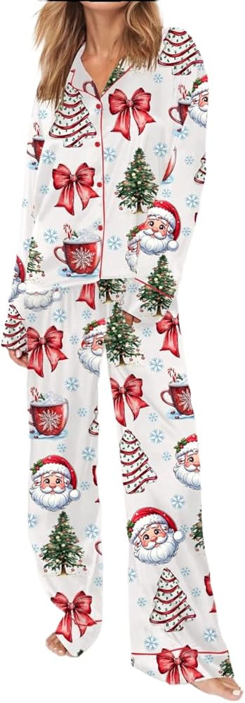 Meiweileya Women Christmas Pajamas Sets for Women Satin Silk Bow Santa Print Cute Pj Pajama Set X... | Amazon (US)