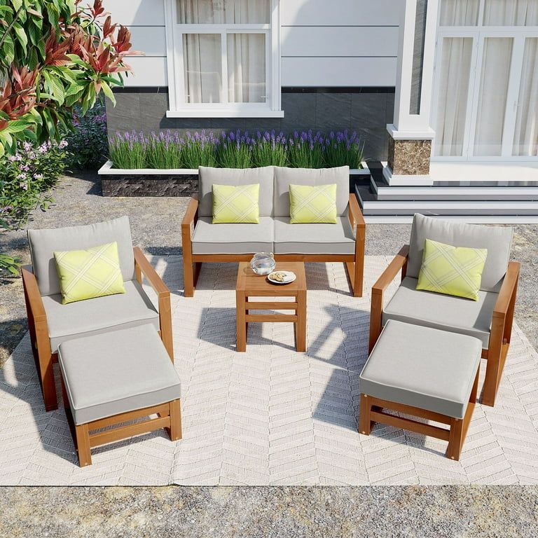 6-Piece L-Shaped Patio Wood Furniture, Modern Garden Seating Groups Chat Set with Ottomans and Cu... | Walmart (US)