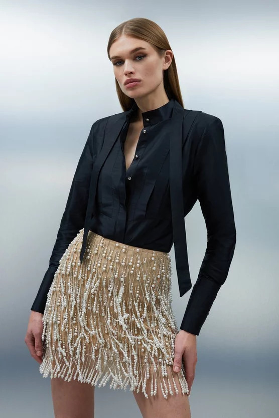 Pearl Tassel Embellished Woven Mini Skirt | Karen Millen UK + IE + DE + NL