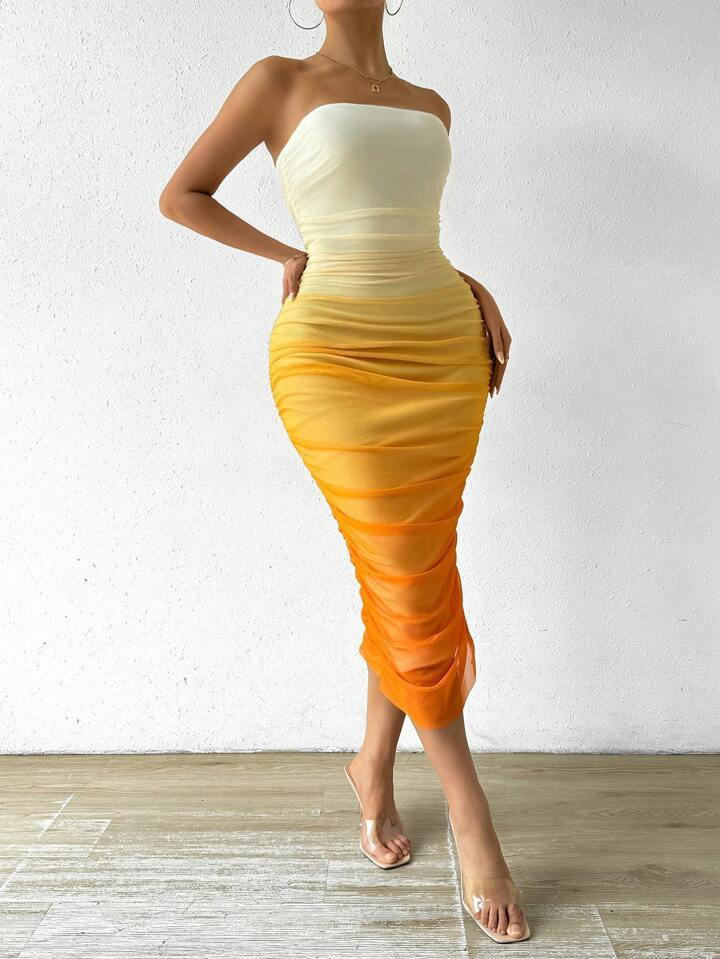 SHEIN Privé Women Gradient Mesh Pleated Slim Fit Strapless Dress For Summer | SHEIN