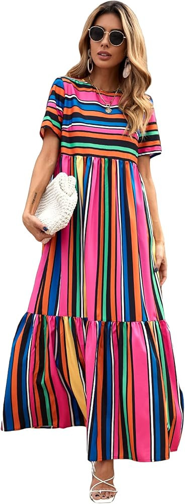Floerns Women's Striped Print Short Sleeve Ruffle Hem Boho Maxi Long Dress | Amazon (US)