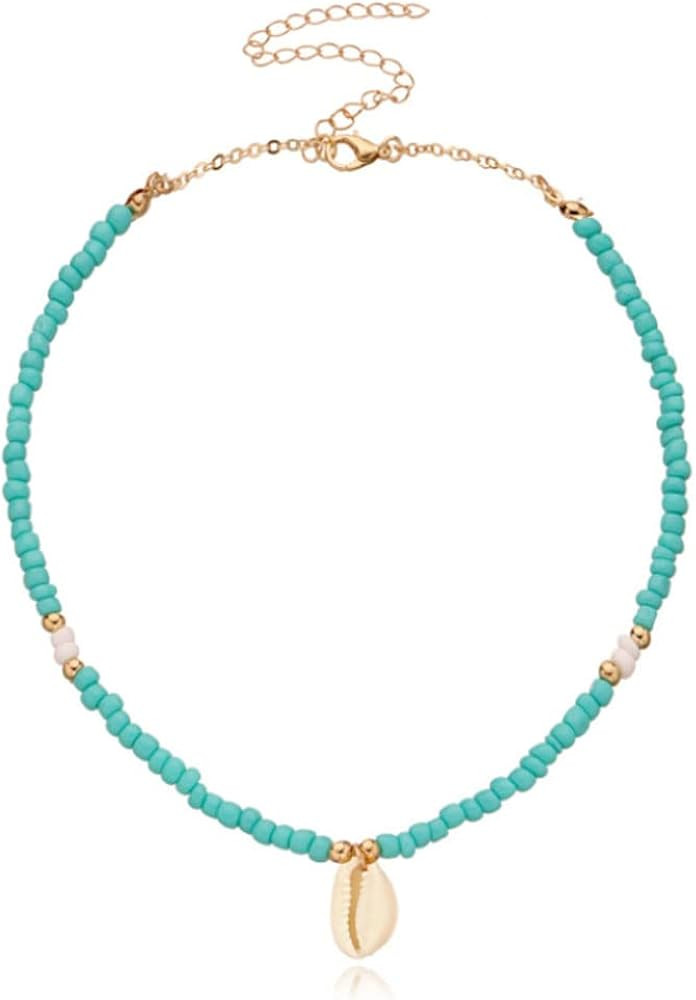 FMR Boho Beaded Choker Necklace Shell Pendant Necklace Turquoise Bead Chain for Women and Teen Gi... | Amazon (US)