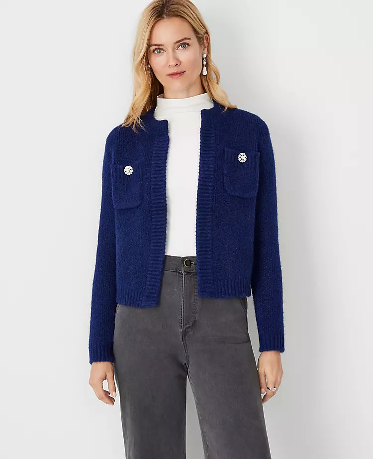 Petite Jeweled Button Pocket Sweater Jacket | Ann Taylor (US)