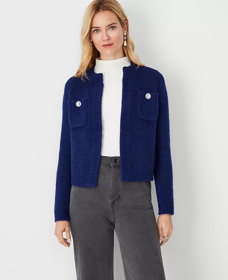 Petite Jeweled Button Pocket Sweater Jacket | Ann Taylor (US)
