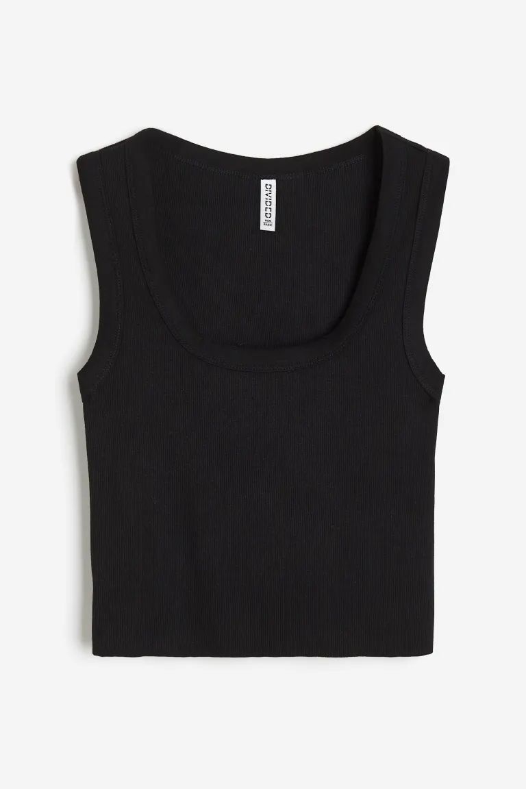 Kurzes Tanktop - Tiefer Ausschnitt - Ärmellos - Schwarz - Ladies | H&M DE | H&M (DE, AT, CH, NL, FI)