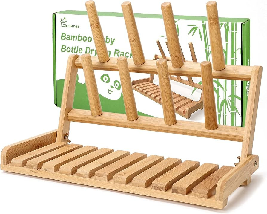 Bamboo Baby Bottle Drying Rack, Space Saving Countertop Bottle Holder Portable Dryer Rack Organiz... | Amazon (US)
