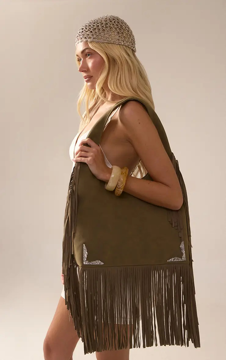 Khaki Faux Suede Western Fringe Tote Bag | PrettyLittleThing US