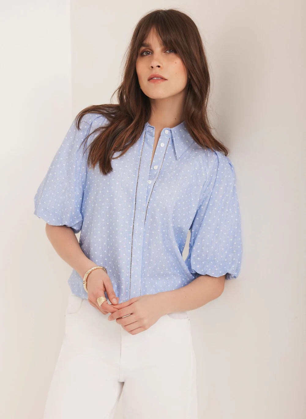 Blue Stripe Polka Heart Puff Sleeve Shirt | Mint Velvet
