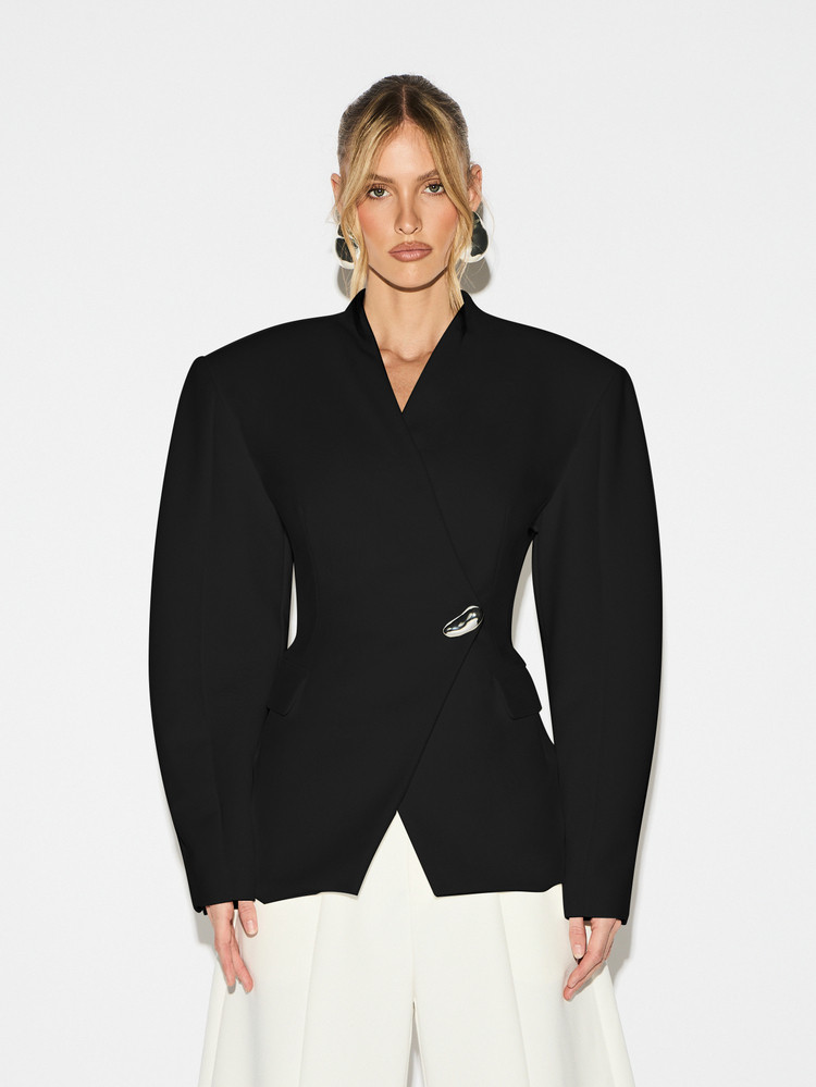 KIZN Shoulder Pad Long Sleeve Asymmetric Wrap Blazer | SHEIN