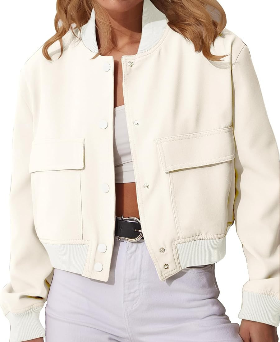 Modegal Women's Varsity Bomber Jackets Long Sleeve Cropped Button Down Casual Coat with Pockets O... | Amazon (US)