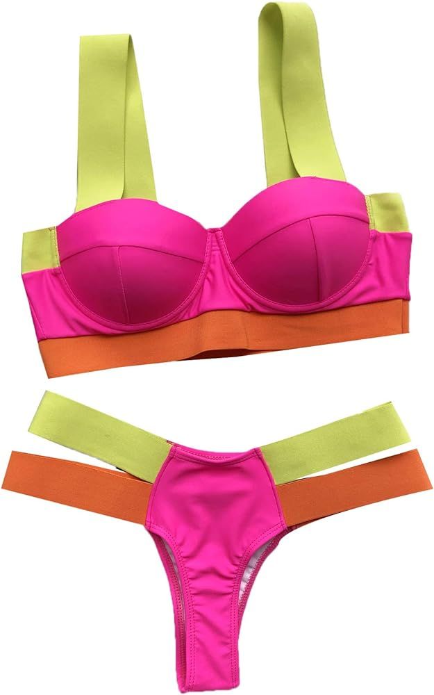 SheIn Women's Colorblock Swimsuit Bra and Strappy Panty Bikini Set Bathing Suit | Amazon (US)
