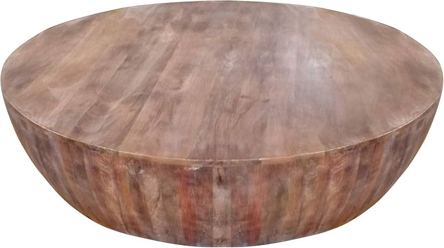 The Urban Port Handcarved Drum Shape Round Top Mango Wood Distressed Wooden Coffee Table, Brown | Amazon (US)
