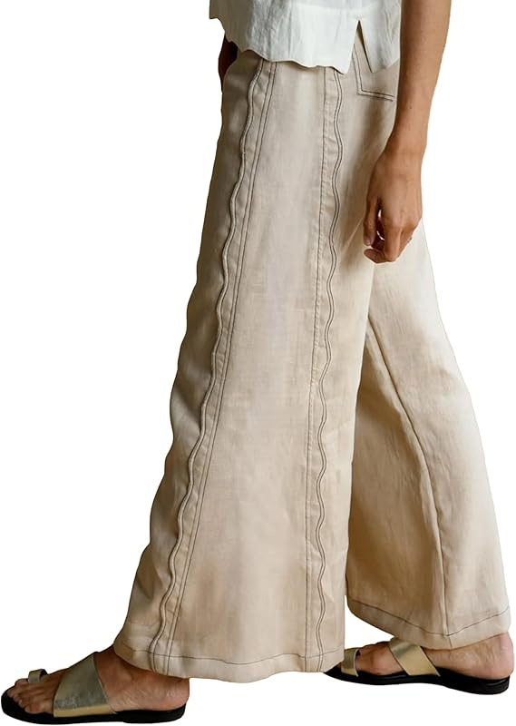 Wonmens Wide Leg Pants Wavy Seam Casual High Waisted Baggy Trousers with Pockets for Vacation Dai... | Amazon (US)