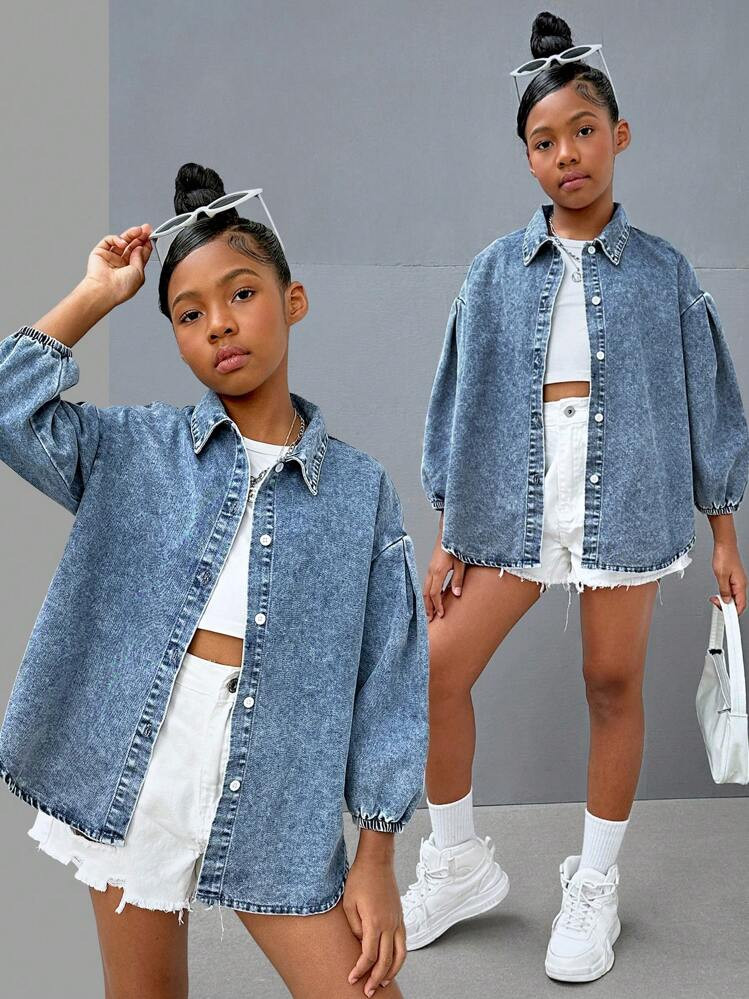 SHEIN Tween Girl Y2K Causal Stonewashed Drop Shoulder Baggy Soft Denim Shirt,Tween Girl Back To S... | SHEIN