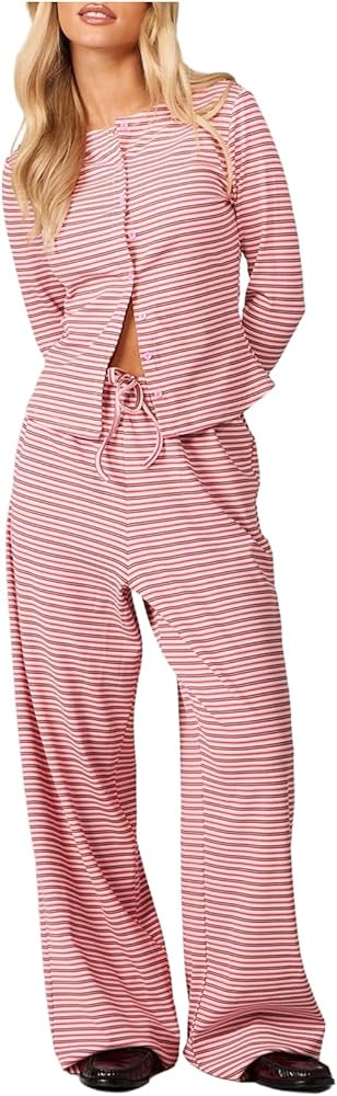 MakeMeChic Women's 2 Piece Sets Striped Button Long Sleeve Tops Lounge Sets | Amazon (US)