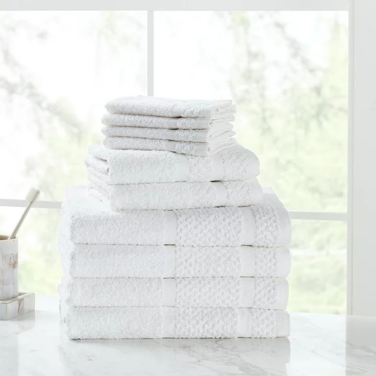 Mainstays Casual 10 Piece Solid Dyed Cotton Bath Towel Set, White | Walmart (US)