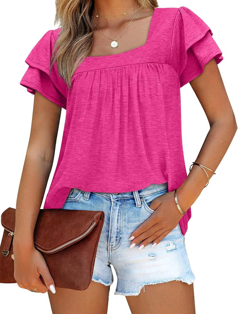 WIHOLL Shirts for Women Dressy Casual Square Neck Lace Short Sleeve Summer Tops | Amazon (US)