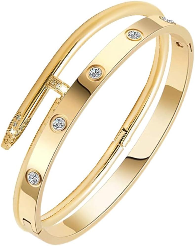 Women Nail Bracelets with Cubic Zirconia 18K Yellow Gold Plated Love Bracelets Oval Cuff Bangles ... | Amazon (US)