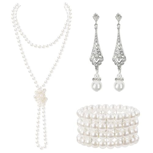 GHGMAO 1920s Pearl Jewelry Set - Long Pearl Necklace and Earring Set, Multilayer Pearls Bracelet - Flapper Accessories for Women (Elegant) | Amazon (US)