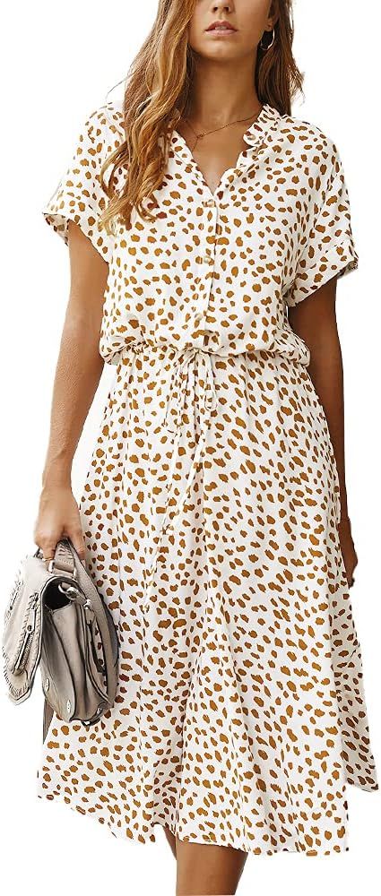 BROVAVE Women's Summer Casual Shirt Dress Polka Dot Print Vintage Short Sleeve Midi Dress | Amazon (US)