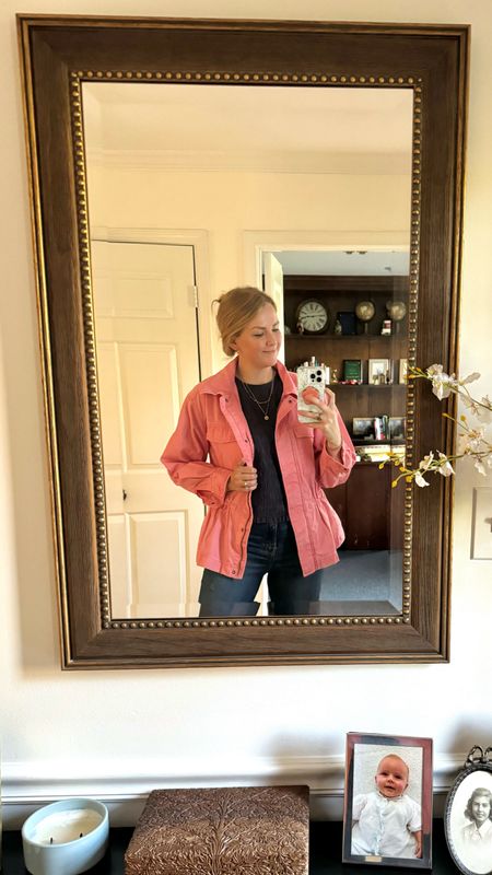 Pink utility jacket under navy smocked top 

#LTKfindsunder50 #LTKSeasonal #LTKstyletip