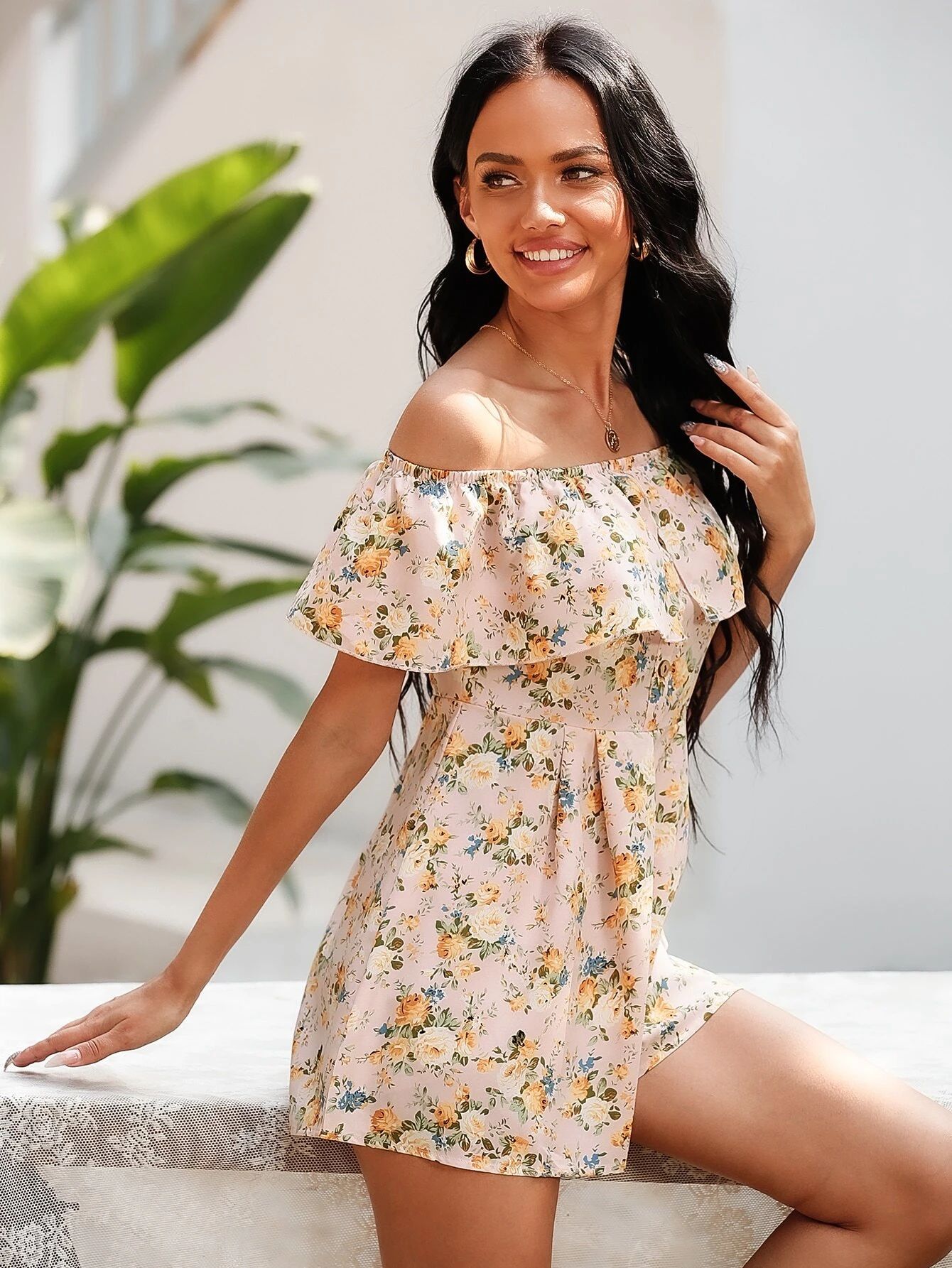 Allover Floral Foldover Bardot Romper | SHEIN