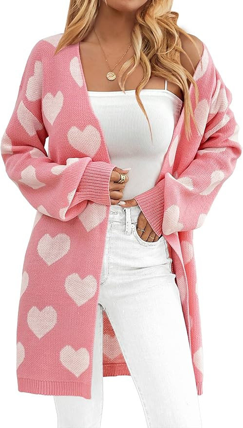 Womens Oversized Cute Heart Long Cardigan Spring 2025 Trendy Casual Ribbed Knit Open Front Sweate... | Amazon (US)
