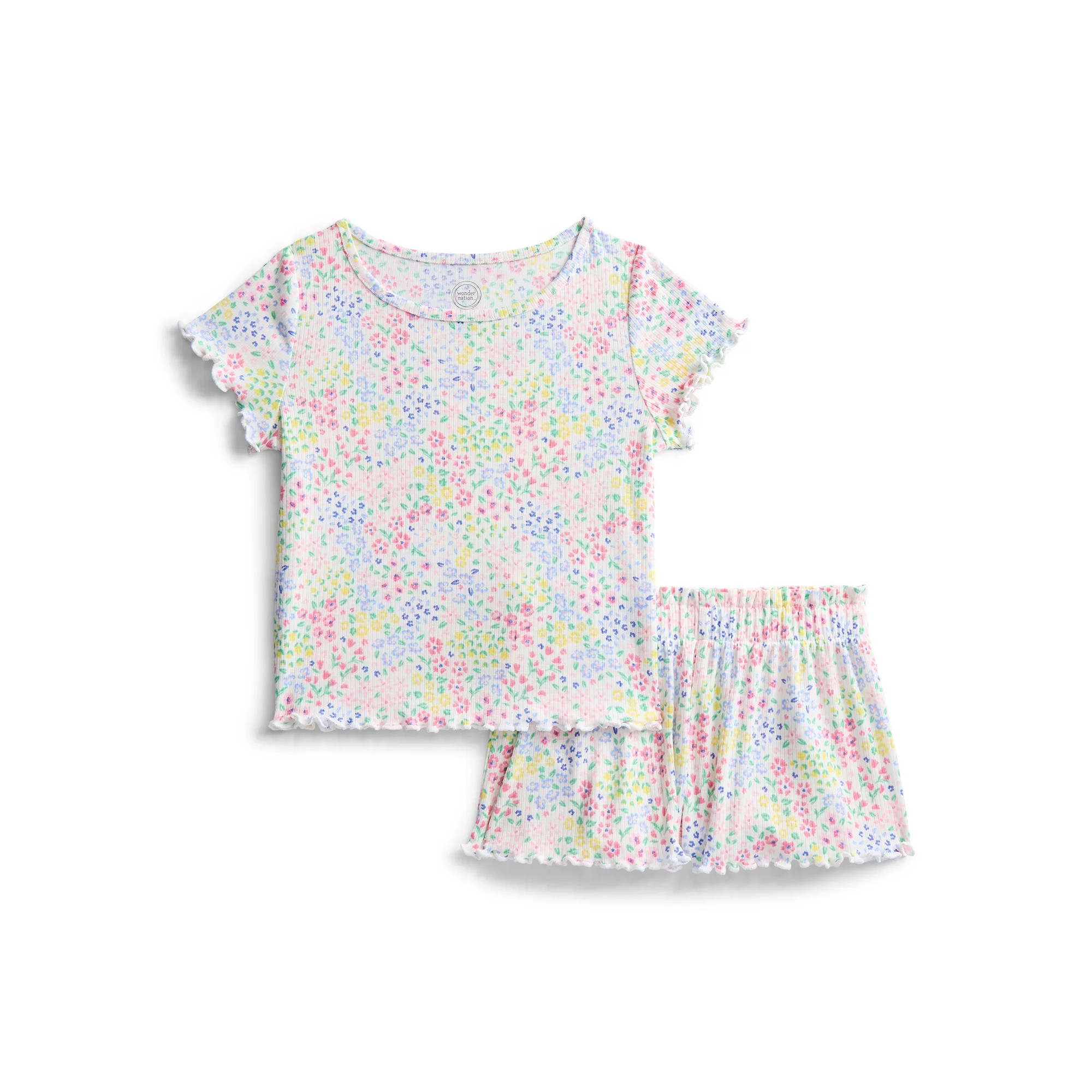 Wonder Nation Girls Ribbed Short Sleeve Top and Shorts Pajama Set, 2-Piece, Sizes 4-18 | Walmart (US)