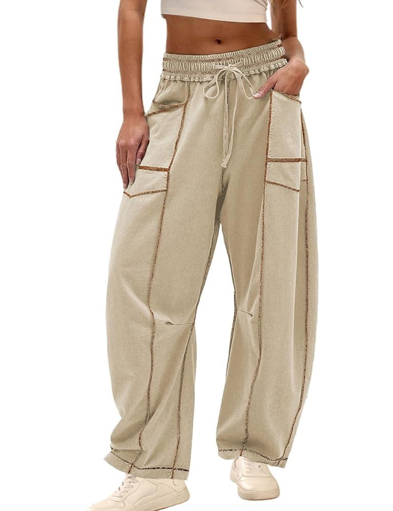 Athlisan Womens Baggy Barrel Pants Wide Leg Lounge Drawstring Sweatpants with Pockets | Amazon (US)