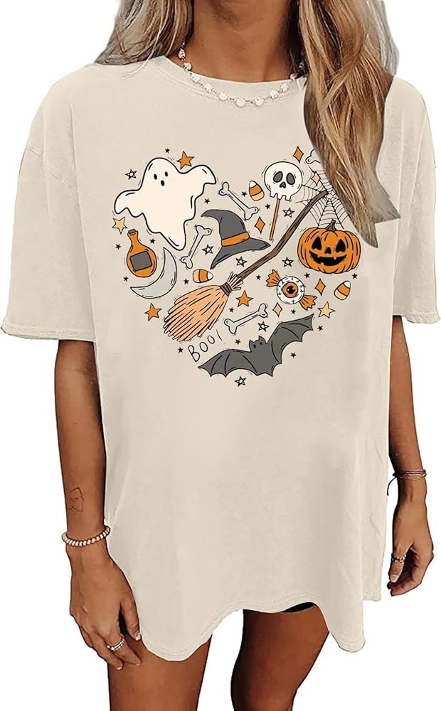 Womens Halloween Doodles T Shirt Vintage Graphic Pumpkin Tee Shirt Funny Halloween Party Basic Wi... | Amazon (US)