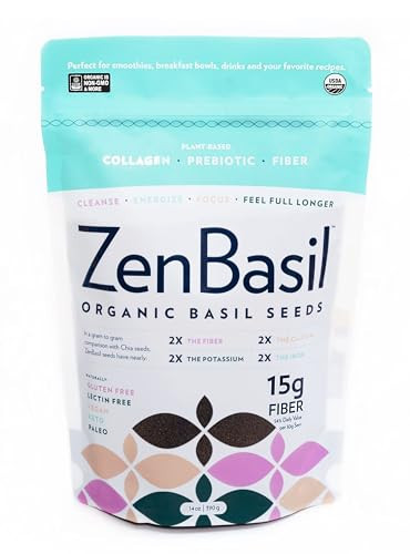 Zen Basil Seeds | edible basil seeds usda organic, kosher, non-gmo, lectin free, gluten free, plant based, keto, paleo, vegan | 15g fiber per/serv | 14oz | more fiber than chia seeds | prebiotic | Amazon (US)