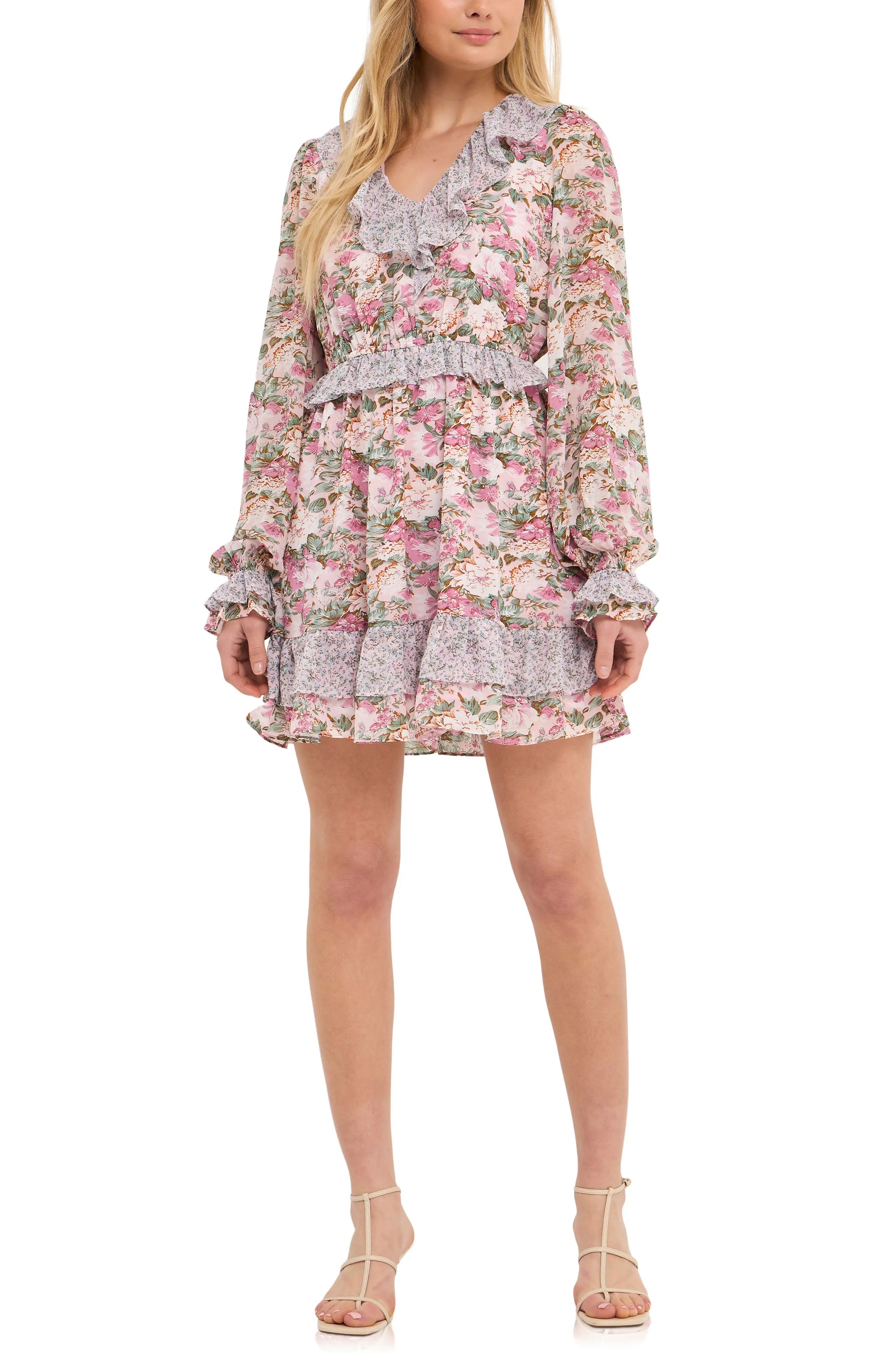Free the Roses Mixed Floral Ruffle Long Sleeve Dress in Pink at Nordstrom, Size Small | Nordstrom