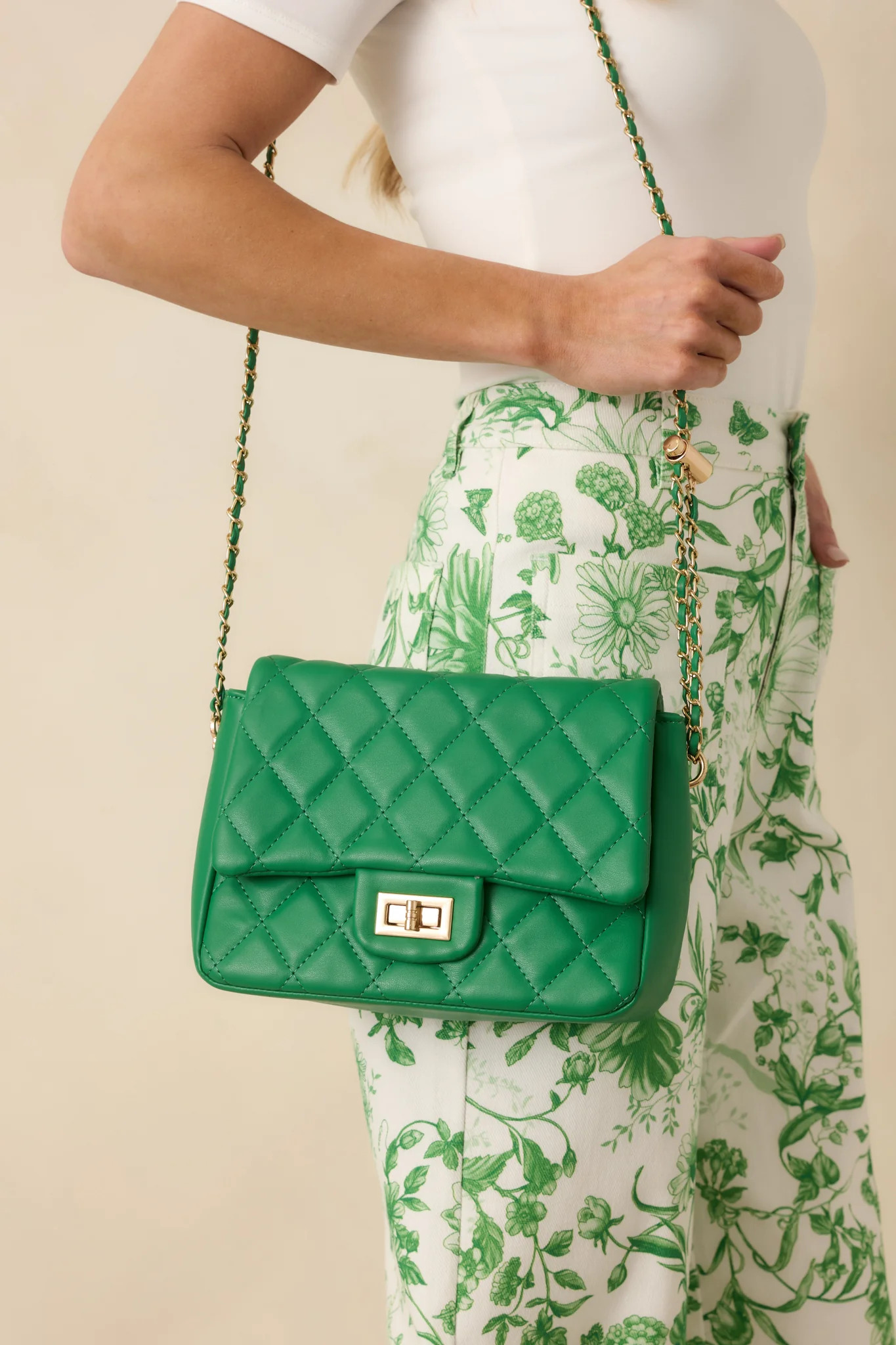 Everyday Pleasures Green Quilted Chain Strap Handbag | Red Dress