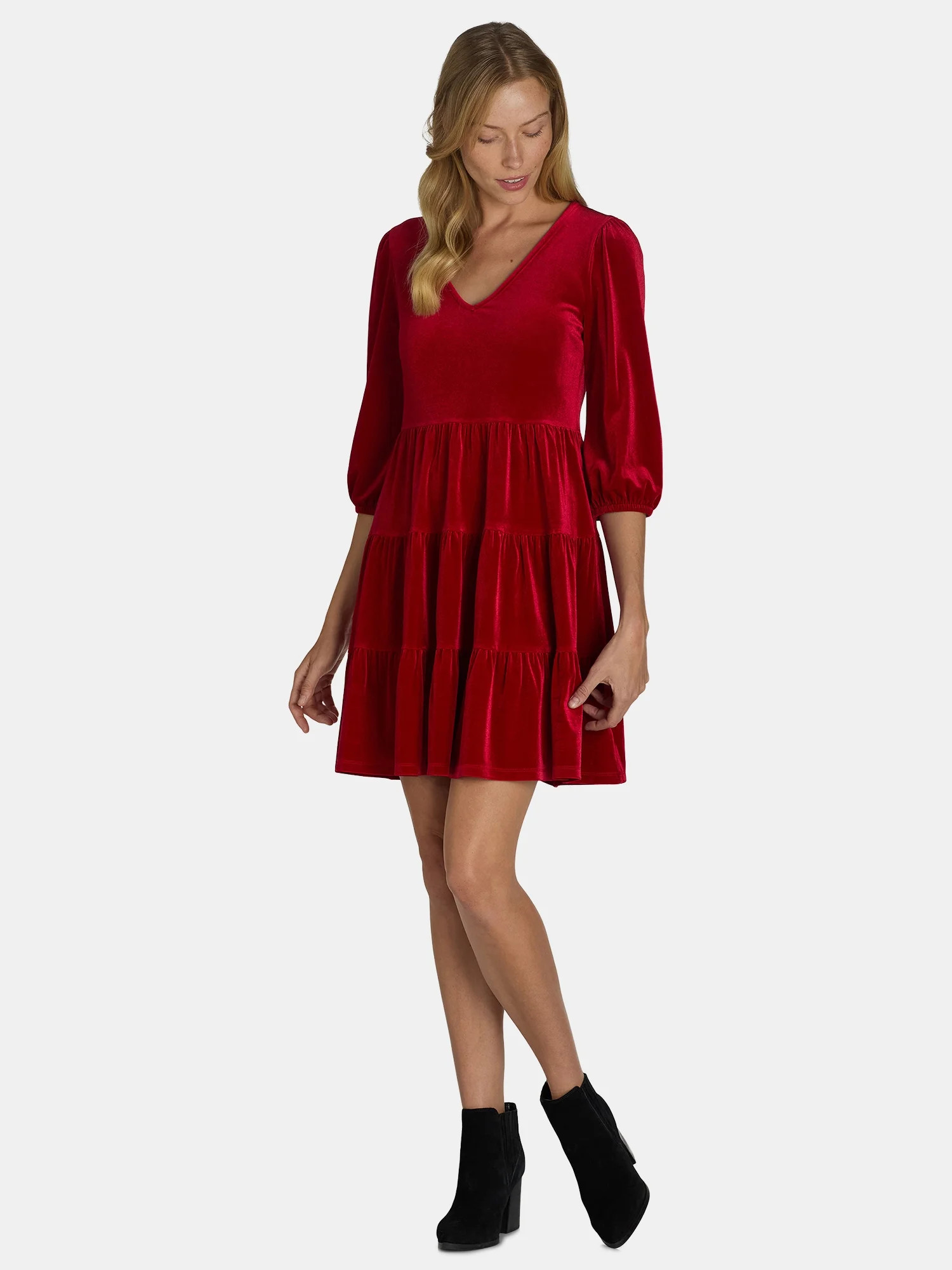 Time and Tru Women's and Women's Plus Velvet Mini Dress with ¾ Length Sleeves, Sizes XS-4X | Walmart (US)