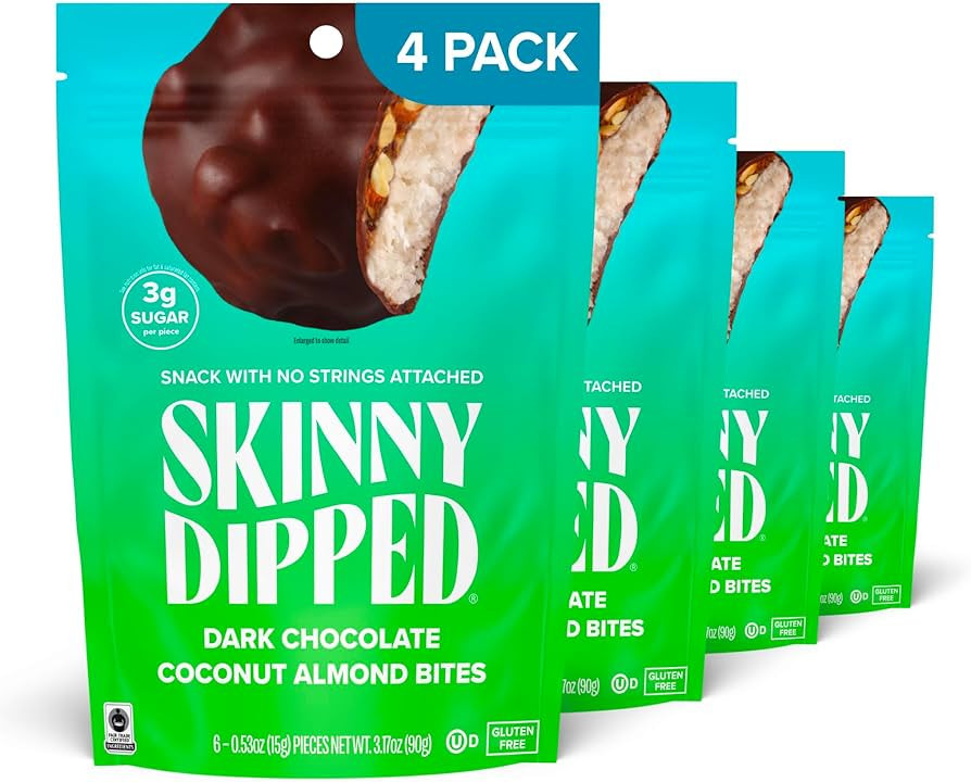 SkinnyDipped Dark Chocolate Coconut Almond Bites, Low Sugar Chocolate Coconut Bar, 3.17oz Reseala... | Amazon (US)