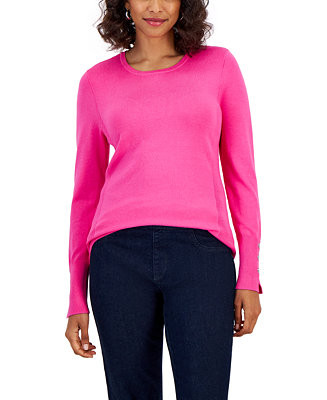 JM Collection Women's Button-Sleeve Crewneck Sweater, Created for Macy's - Macy's | Macy's