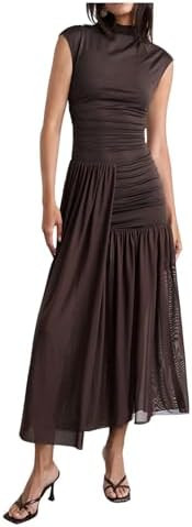 Milumia Women's Ruched Mock Neck Cap Sleeve Mesh Dress Layered Side Slit Long Party Dresses | Amazon (US)