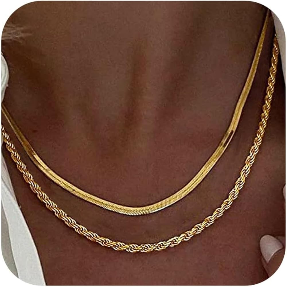 Tewiky Herringbone Necklace for Women Dainty 14k Gold Snake Chain Necklace Layered Gold Herringbo... | Amazon (US)
