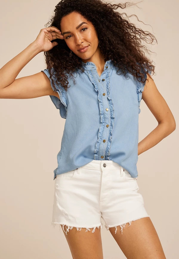 Denim Ruffle Trim Button Down Shirt | Maurices
