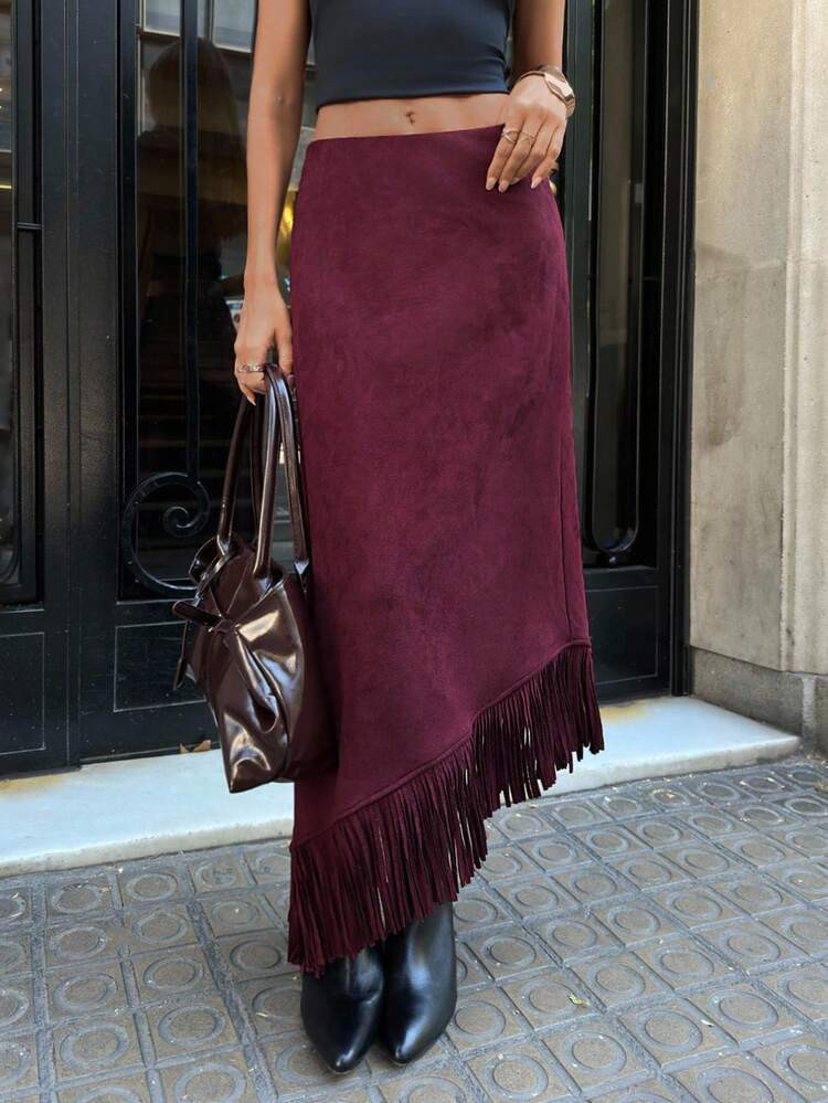 Aloruh Women's Extra Long Suede Skirt, Burgundy Ankara Red Vintage Romantic Bohemian Tassel Patchwork A-Line Skirt Fringe Skirt Tassel Skirt Burgundy Skirt Maroon Skirt Western Skirt Fall Clothes For Women Halloween Halloween Costumes Winter Clothes Winter Clothes For Women | SHEIN