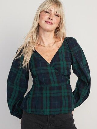 Puff-Sleeve Plaid Smocked Seersucker Wrap Blouse for Women | Old Navy (US)