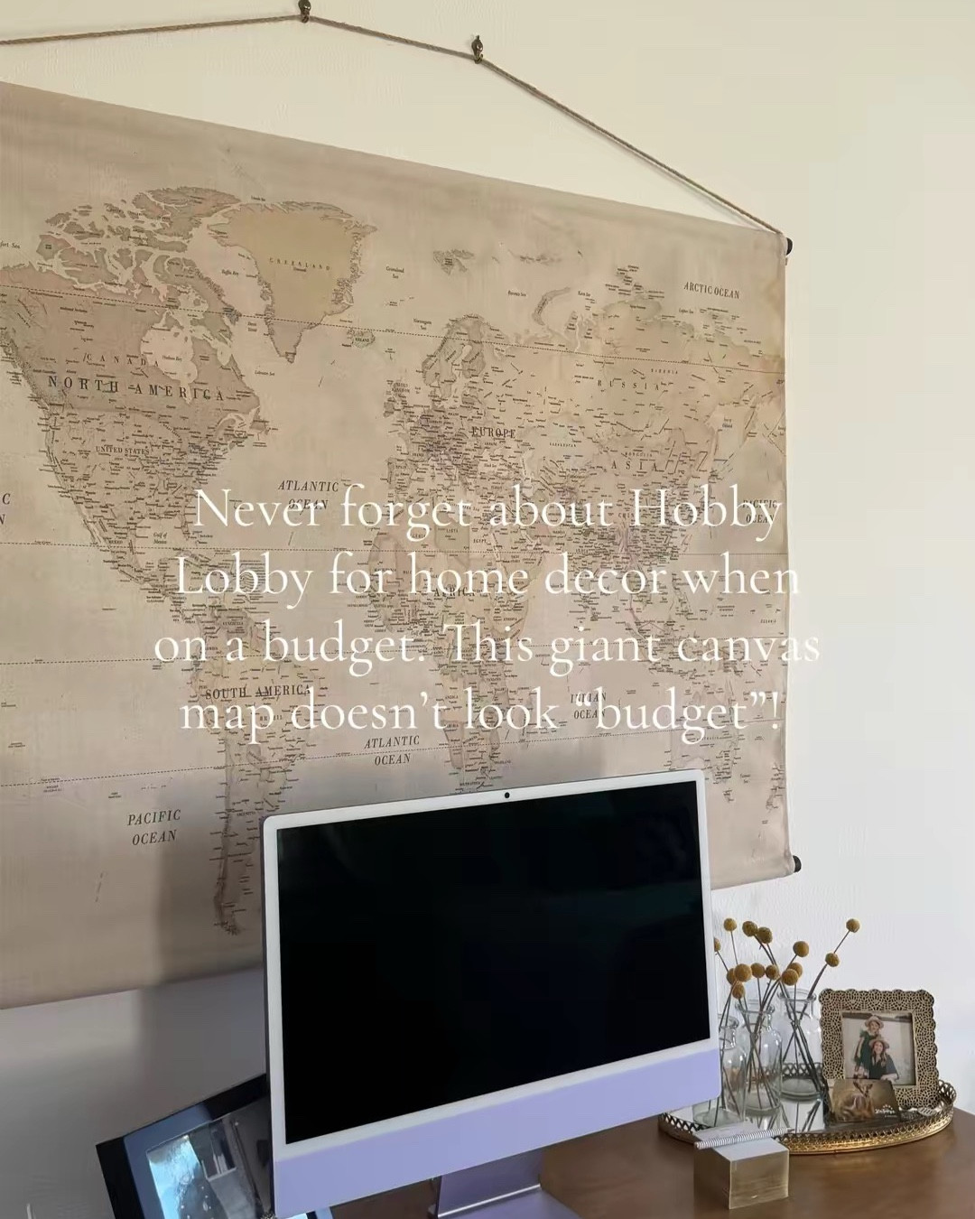 Home office decor— Giant neutral canvas wall map 💟
I wasn't even looking for office decor at the time but this was 50% off (naturally) at Hobby Lobby and I needed something over this desk.
A mistake a lot of people make it getting wall art or rugs that are too small- don't do that to yourself - you won't be happy and will spend more buying something else later girl!!!
#budgetdecor #wallart #homeoffice 

#LTKFindsUnder50 #LTKHome