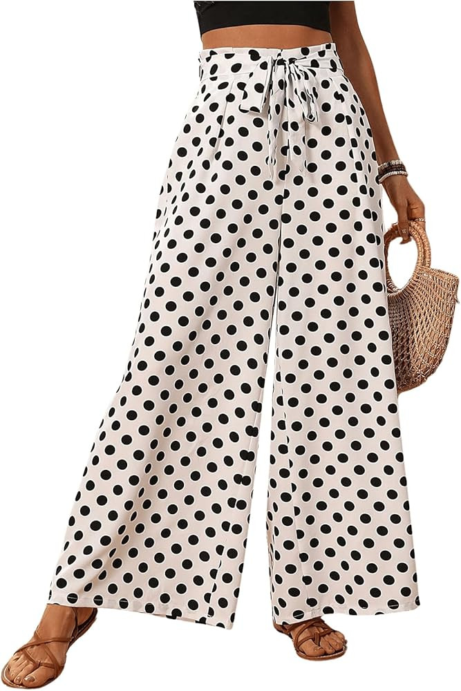GORGLITTER Women's Polka Dots Wide Leg Belted Pants Elastic Waist Vacation Summer Beach Trousers | Amazon (US)