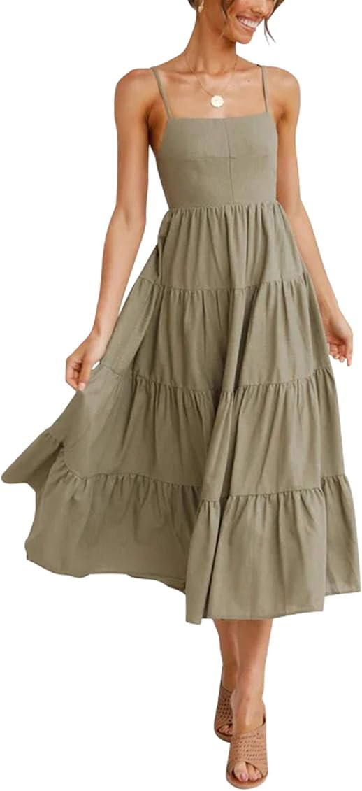 Boho Spaghetti Cowl Neck Backless 4 Tiered Flowy Maxi Midi Cami Babydoll Dress with Adjustable Strap | Amazon (US)