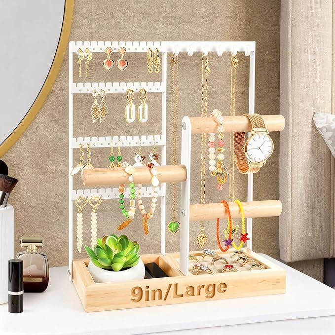 Godboat Jewelry Organizer, 4-Tier Earring Holder Organizer with 48 Holes, 6 Hooks Necklace Rack, ... | Amazon (US)