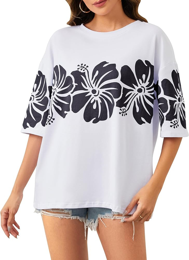 Cotton Oversized Hibiscus Tee Shirt for Women Floral Graphic Hawaiian T Shirts Casual Summer Vaca... | Amazon (US)