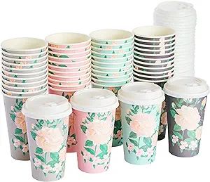 48 Pack Disposable 16 oz To Go Coffee Paper Cups with Lids for Floral Party Supplies, Wedding Sho... | Amazon (US)