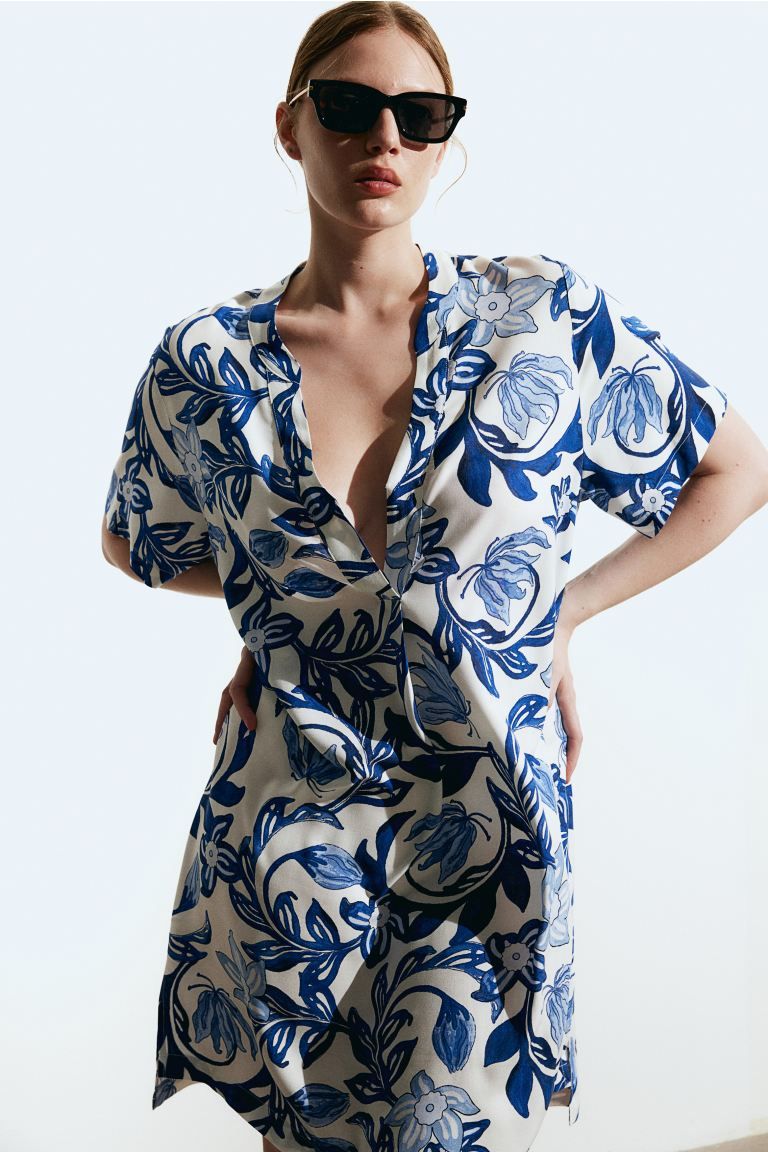 Viscose Tunic Dress - White/blue floral - Ladies | H&M US | H&M (US + CA)